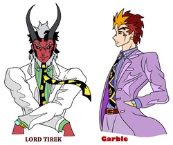 Size: 1024x860 | Tagged: safe, artist:urusee584, garble, lord tirek, human, g4, clothes, devil horns, diamond is unbreakable, freckles, horn, horned humanization, horns, humanized, jacket, jojo's bizarre adventure, kosaku kawajiri, necktie, request, suit, yoshikage kira