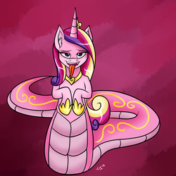 Size: 1600x1600 | Tagged: safe, artist:novaspark, princess cadance, lamia, original species, snake pony, g4, bedroom eyes, ear fluff, eyeshadow, fangs, female, forked tongue, gradient background, lamiafied, looking at you, makeup, open mouth, pink background, simple background, slit pupils, smiling, solo, species swap, tongue out