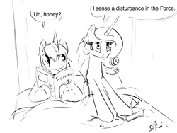 Size: 1280x960 | Tagged: safe, artist:silfoe, princess cadance, shining armor, royal sketchbook, g4, book, concerned, disturbance in the force, grayscale, hair curlers, monochrome, reading, star wars
