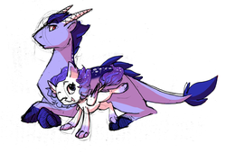 Size: 2603x1772 | Tagged: safe, artist:inverseskies, oc, oc only, oc:diamond crusher, oc:pixie dust, dracony, hybrid, interspecies offspring, offspring, parent:rarity, parent:spike, parents:sparity