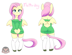 Size: 1280x979 | Tagged: safe, artist:arttmadness, fluttershy, pegasus, anthro, semi-anthro, unguligrade anthro, g4, arm hooves, bipedal, blushing, breasts, clothes, digital art, female, green sweater, hooves together, looking at you, mare, off shoulder, off shoulder sweater, socks, solo, spread wings, standing, stockings, sweater, sweatershy, thigh highs, white stockings, wings
