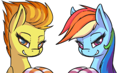 Size: 688x418 | Tagged: safe, artist:shydale, rainbow dash, spitfire, pegasus, pony, g4, adorasexy, animated, bedroom eyes, clothes, cute, cutefire, dashabetes, eye shimmer, female, heart, lidded eyes, looking at you, mare, seductive, seductive look, sexy, simple background, smiling, socks, striped socks, stupid sexy rainbow dash, stupid sexy spitfire, transparent background