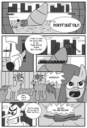 Size: 1182x1742 | Tagged: safe, artist:otakon, human, comic:ponyfinator, candace flynn, cartoon, crossover, doctor heinz doofenshmirtz, female, ferb fletcher, grammar error, grayscale, male, monochrome, phineas and ferb, phineas flynn, transformation