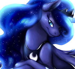 Size: 487x452 | Tagged: safe, artist:fizzy-dog, princess luna, alicorn, pony, g4, bust, crossed hooves, crown, ethereal mane, female, jewelry, looking at you, mare, regalia, smiling, smirk, solo, spread wings, starry mane, wings