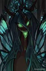 Size: 600x927 | Tagged: safe, artist:dragonbeak, queen chrysalis, changeling, changeling queen, g4, crown, drool, epic, fangs, female, glowing eyes, jewelry, looking at you, regalia, solo