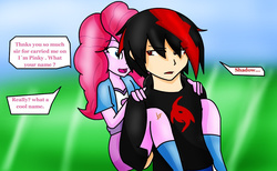 Size: 1142x704 | Tagged: safe, artist:soul-yagami64, pinkie pie, equestria girls, g4, crossover, equestria girls-ified, humanized, male, misspelling, request, shadow the hedgehog, sonic the hedgehog (series)