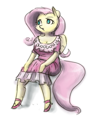 Size: 761x1000 | Tagged: safe, artist:king-kakapo, fluttershy, anthro, g4, arm hooves, clothes, dress, female, sketch, solo