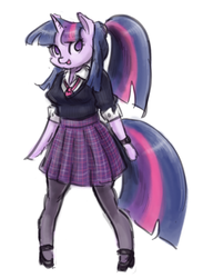 Size: 659x900 | Tagged: safe, artist:king-kakapo, twilight sparkle, anthro, g4, alternate hairstyle, arm hooves, clothes, female, necktie, ponytail, sketch, skirt, solo, stockings, vest