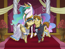 Size: 5000x3750 | Tagged: safe, artist:malimarthemage, mandopony, princess celestia, wild fire, g4, clothes, dress, female, harsher in hindsight, male, marriage, ship:mandofire, shipping, straight, tuxedo, wedding