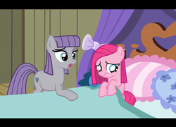 Size: 1510x1090 | Tagged: safe, artist:dilemmas4u, maud pie, pinkie pie, earth pony, pony, g4, bed, filly, foal, letterboxing, pie sisters, pinkamena diane pie, sad, show accurate, younger