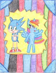 Size: 2550x3300 | Tagged: safe, artist:mymelodyoftheheart, rainbow dash, pony, g4, bipedal, crossover, high res, male, request, sonic the hedgehog, sonic the hedgehog (series), style emulation, traditional art