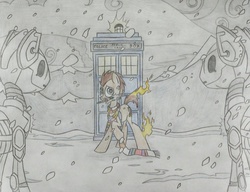 Size: 1024x785 | Tagged: safe, artist:moderndavinci, doctor whooves, time turner, cyber pony, cyberman, pony, g4, doctor who, fire, male, ponified, snow, snowfall, sonic screwdriver, stallion, tardis, traditional art