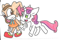 Size: 855x578 | Tagged: safe, artist:cmara, sweetie belle, g4, clothes, cream the rabbit, crossover, dress, sonic the hedgehog (series), traditional art