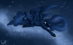 Size: 2102x1318 | Tagged: safe, artist:ladybd, princess luna, g4, female, prone, solo, spread wings, stars, underhoof, unshorn fetlocks