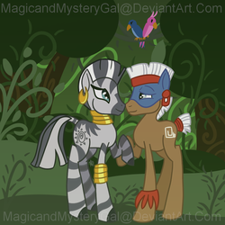 Size: 860x860 | Tagged: safe, artist:magicandmysterygal, temple chant, zecora, earth pony, pony, zebra, g4, female, male, shipping, stallion, straight, tribal pony, zechant