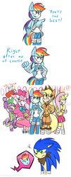 Size: 950x2350 | Tagged: safe, artist:hoshinousagi, applejack, fluttershy, pinkie pie, rainbow dash, rarity, spike, twilight sparkle, anthro, g4, airhorn, clothes, comic, crossover, dress, male, mane seven, mane six, simple background, skirt, sonic boom, sonic the hedgehog, sonic the hedgehog (series), sonicified, style emulation, white background