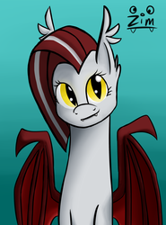 Size: 2300x3100 | Tagged: safe, artist:clot, oc, oc only, oc:zim, bat pony, pony, sphinx, bat sphinx, batsphinx, fangs, female, high res, simple background, slit pupils, sphinx oc