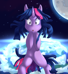 Size: 1600x1745 | Tagged: safe, artist:sourspot, twilight sparkle, pony, unicorn, g4, female, looking at you, messy mane, moon, planet, solo, space, unicorn twilight