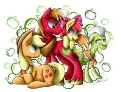 Size: 3364x2548 | Tagged: safe, artist:hilis, apple bloom, applejack, big macintosh, granny smith, earth pony, pony, g4, abstract background, apple, apple family, ear fluff, female, filly, foal, high res, lying down, male, mare, prone, simple background, smiling, stallion, transparent background