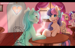 Size: 1920x1241 | Tagged: safe, artist:spittfireart, bon bon, fluttershy, lyra heartstrings, rarity, sweetie drops, earth pony, pegasus, pony, unicorn, g4, adorabon, cafe, chair, coffee, concave belly, cup, cute, eyes closed, female, hair bow, happy, lesbian, looking at each other, lyrabetes, magic, mare, open mouth, plate, ship:flarity, ship:lyrabon, shipping, sitting, slender, smiling, table, thin, window