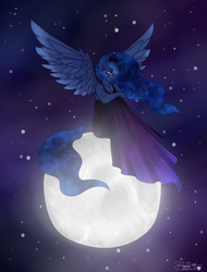 Size: 1600x2100 | Tagged: safe, artist:rainbowhitter, princess luna, anthro, g4, 2015, banishment, breasts, cleavage, clothes, collarbone, crossed arms, crying, dress, ethereal hair, ethereal mane, ethereal tail, eyes closed, female, frown, jewelry, looking down, moon, night, night sky, sitting, sitting on the moon, sky, solo, spread wings, starry mane, starry tail, stars, tail, tangible heavenly object, tiara