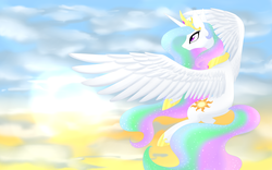 Size: 4800x3000 | Tagged: safe, artist:scarlet-spectrum, princess celestia, g4, cloud, cloudy, female, flying, solo, sunrise