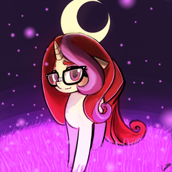Size: 750x750 | Tagged: safe, artist:lumineko, moondancer, pony, unicorn, amending fences, g4, alternate hairstyle, female, glass, looking at you, loose hair, mare, moon, original hair, smiling, solo
