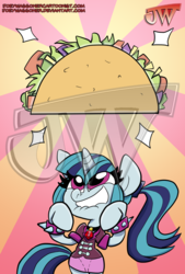 Size: 1378x2039 | Tagged: safe, artist:joeywaggoner, sonata dusk, pony, unicorn, g4, bipedal, clothes, cute, equestria girls outfit, female, lip bite, obtrusive watermark, ponified, solo, sonatabetes, sonataco, taco, that girl sure loves tacos, that pony sure does love tacos, that siren sure does love tacos, watermark