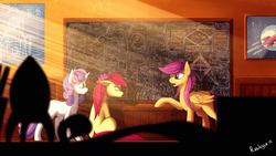 Size: 1920x1080 | Tagged: safe, artist:rublegun, apple bloom, scootaloo, sweetie belle, earth pony, pegasus, pony, unicorn, g4, bow, chalkboard, crepuscular rays, cutie mark crusaders, fancy mathematics, female, hair bow, looking at each other, math, older, rocket, rocket science, science