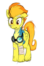 Size: 580x851 | Tagged: artist needed, source needed, safe, spitfire, pegasus, pony, g4, bandage, bandaid, clothes, female, floppy ears, goggles, injured, mare, simple background, solo, white background, wonderbolt trainee uniform