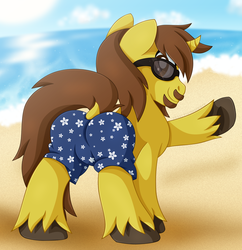 Size: 1225x1268 | Tagged: safe, artist:pearlyiridescence, oc, oc only, oc:jsonus heartguard, beach, pinup, solo, sunglasses, swimming trunks, waving