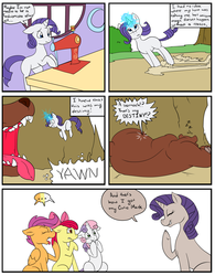 Size: 1529x1960 | Tagged: safe, artist:dragga, apple bloom, rarity, scootaloo, sweetie belle, bear, earth pony, pegasus, pony, unicorn, g4, the cutie mark chronicles, comic, cutie mark crusaders, eaten alive, female, fetish, filly, filly prey, filly rarity, flashback, full tour, mare, poop, rariprey, rarity is a marshmallow, scat, vore, younger