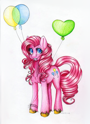 Size: 1456x2000 | Tagged: safe, artist:heather-west, pinkie pie, g4, balloon, female, mouth hold, solo, traditional art, unshorn fetlocks