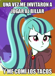 Size: 502x689 | Tagged: safe, artist:bronymetal777, edit, screencap, sonata dusk, equestria girls, g4, my little pony equestria girls: rainbow rocks, bad pun, cafeteria, clothes, cute, female, hoodie, meme, pun, sad, solo, sonatabetes, sonataco, spanish, stick, that girl sure loves tacos, that siren sure does love tacos, translated in the comments