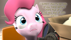 Size: 500x281 | Tagged: safe, artist:askpinkiepyro, pinkie pie, g4, 3d, askpinkiepyro, comic, crossover, cute, panel, pinkie pyro, pouting, pyro (tf2), sad, soldier, soldier (tf2), source filmmaker, team fortress 2