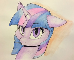 Size: 2274x1831 | Tagged: safe, artist:captainpudgemuffin, twilight sparkle, pony, unicorn, g4, duckface, female, floppy ears, lollipop, looking at you, mare, portrait, raised eyebrow, solo, traditional art