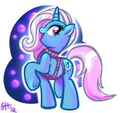 Size: 824x763 | Tagged: safe, artist:sorcerushorserus, trixie, pony, unicorn, g4, bondage, bondage gear, collar, earring, female, mare, open mouth, piercing, raised hoof, solo, the weak and powerless trixie, underhoof