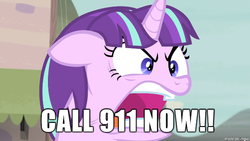 Size: 610x343 | Tagged: safe, edit, edited screencap, screencap, starlight glimmer, pony, unicorn, g4, the cutie map, 911, angry, ears back, female, first of the year (equinox), image macro, mare, meme, open mouth, ragelight glimmer, skrillex, solo