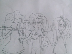 Size: 1024x768 | Tagged: safe, artist:brandonale, fluttershy, pinkie pie, rarity, equestria girls, g4, amy rose, clothes, cosplay, costume, cream the rabbit, crossover, monochrome, rouge the bat, sonic the hedgehog (series), traditional art