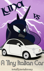 Size: 1000x1600 | Tagged: safe, artist:totallynotabronyfim, princess luna, alicorn, pony, fanfic:luna vs. a tiny italian car, g4, angry, car, cover art, fanfic, fanfic art, female, fiat, fiat 500, lightning, mare, solo, story included, text