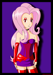 Size: 3736x5290 | Tagged: safe, artist:rexpony, fluttershy, equestria girls, g4, breasts, clothes, evening gloves, female, fingerless gloves, flattershy, flutterbat, gloves, human coloration, latex, long gloves, socks, solo, thigh highs