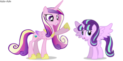 Size: 2000x1000 | Tagged: safe, artist:asika-aida, princess cadance, starlight glimmer, alicorn, pony, g4, alicornified, confused, grin, s5 starlight, simple background, smiling, starlicorn, transparent background, what have you done?!, xk-class end-of-the-world scenario