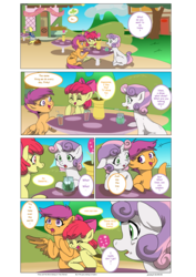 Size: 1600x2261 | Tagged: safe, artist:jeremy3, apple bloom, derpy hooves, scootaloo, sweetie belle, earth pony, pegasus, pony, unicorn, comic:everfree, g4, cafe, clover cafe, comic, cutie mark crusaders, female, filly, laughing, mailmare, mare, pinky and the brain, ponyville