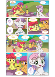 Size: 1024x1447 | Tagged: safe, artist:jeremy3, apple bloom, derpy hooves, scootaloo, sweetie belle, earth pony, pegasus, pony, unicorn, comic:everfree, g4, cafe, clover cafe, comic, cutie mark crusaders, female, filly, mailmare, mare, ponyville