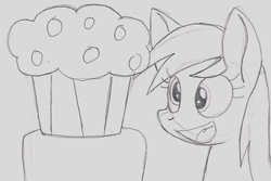 Size: 1237x825 | Tagged: safe, artist:airship-king, derpy hooves, pegasus, pony, g4, female, mare, monochrome, muffin, solo, traditional art