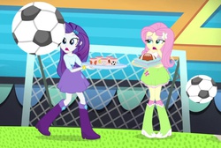 Size: 1041x698 | Tagged: safe, screencap, fluttershy, rarity, equestria girls, g4, my little pony equestria girls: rainbow rocks, shake your tail, female, football, imminent pain, simpson tapped out