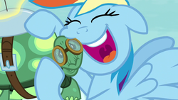 Size: 1280x720 | Tagged: safe, screencap, rainbow dash, tank, g4, tanks for the memories, eyes closed, open mouth, smiling
