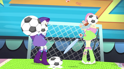 Size: 1280x718 | Tagged: safe, screencap, fluttershy, rarity, equestria girls, g4, my little pony equestria girls: rainbow rocks, shake your tail, boots, female, football, high heel boots, jewelry