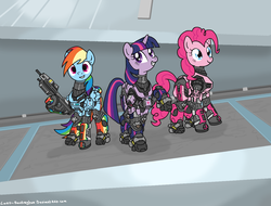 Size: 2480x1888 | Tagged: safe, artist:lord-bovlington, pinkie pie, rainbow dash, twilight sparkle, earth pony, pegasus, pony, unicorn, g4, armor, crossover, female, grin, gun, halo (series), hoof hold, looking at you, mare, rifle, science fiction, smiling, smiling at you, trio, unicorn twilight, video game, weapon