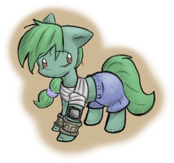 Size: 1061x994 | Tagged: safe, artist:zutcha, oc, oc only, oc:lonely day, earth pony, pony, fanfic:founders of alexandria, fanfic:the last pony on earth, ponies after people, bandage, clothes, cuffs, fanfic, fanfic art, female, hooves, illustration, mare, shorts, solo, tired